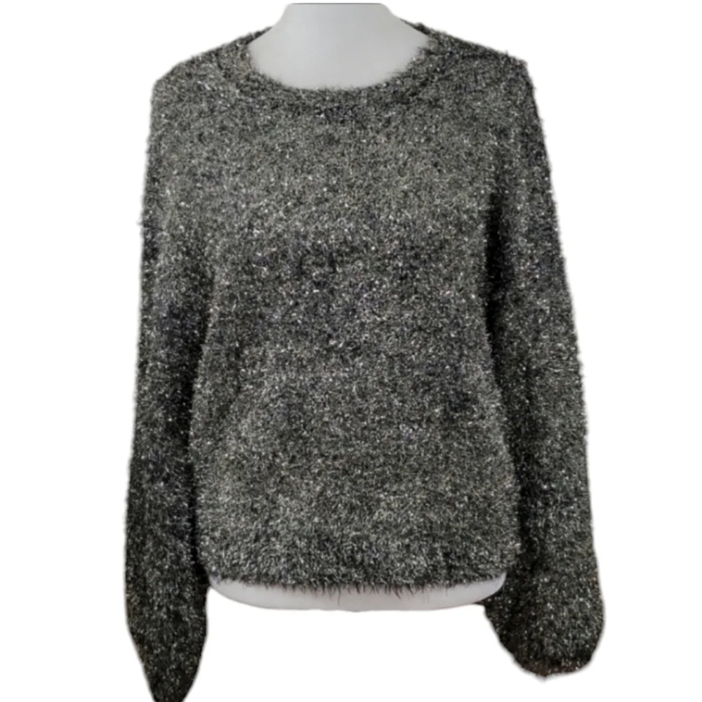 Anthropologie Leith Sweater Silver Black Metallic Tinsel Oversized XS